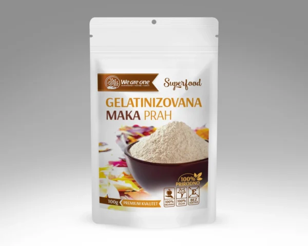 Gelatinizovana maka prah u beloj kesici sa svetlim prahom u tamnoj činiji