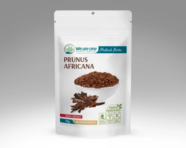 Afrička šljiva u beloj kesici sa prikazom kore i tamnog praha Prunus Africana