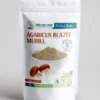 Agaricus Blazei prah u beloj kesici od 50g sa prikazom gljiva i praha u činiji