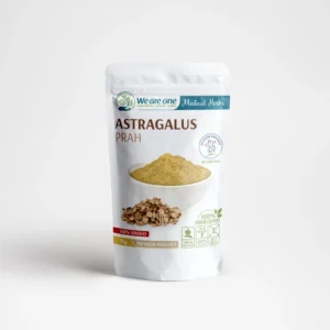 Astragalus prah u beloj kesici od 75g sa žutim prahom u činiji i sušenim korenom