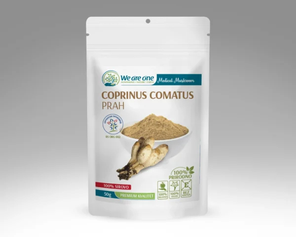 Coprinus Comatus prah u beloj kesici sa svetlim prahom i svežim gljivama