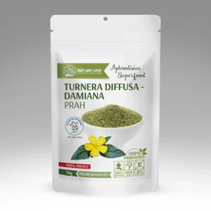 Damiana prah u beloj kesici sa zelenim prahom, žutim cvetom i listovima biljke