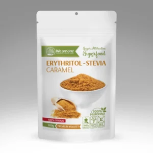 Eritritol stevia u beloj kesici sa svetlosmeđim kristalima i karamel varijantom