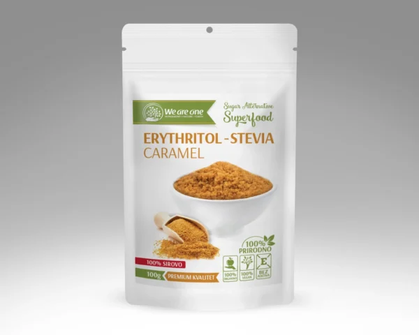 Eritritol stevia u beloj kesici sa svetlosmeđim kristalima i karamel varijantom