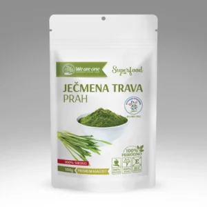 Ječmena trava prah u beloj kesici sa zelenim prahom i svežim vlatkama trave