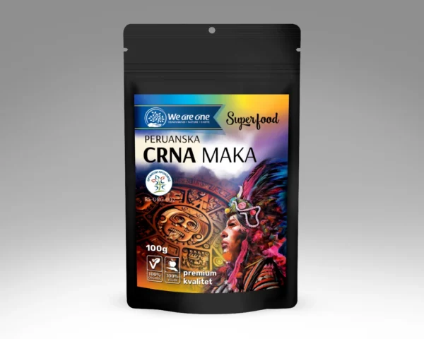 Peruanska crna maka prah u crnoj kesici od 100g sa aztečkim motivima