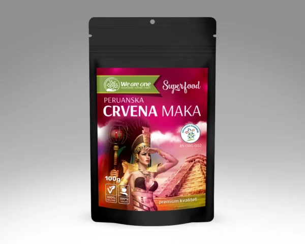 Peruanska crvena maka prah u tamnoj kesici sa ilustracijom u inkaskom stilu