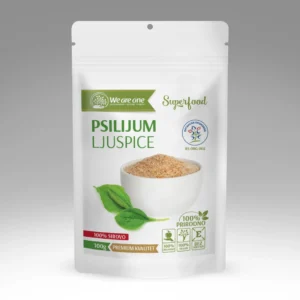 Psilijum ljuspice u beloj kesici sa svetlim ljuspicama u činiji i zelenim listom