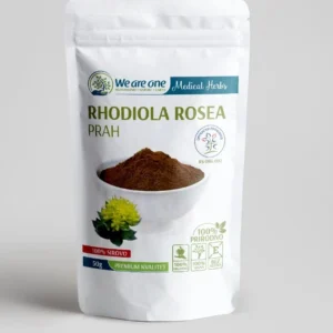 Rhodiola Rosea prah u beloj kesici od 50g sa tamnim prahom i žutim cvetovima