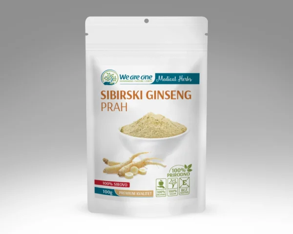 Sibirski ginseng prah u beloj kesici sa svetložutim prahom i korenovima ginsenga