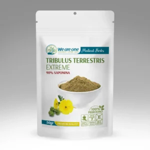 Tribulus Extreme prah u beloj kesici sa svetlim prahom i žutim cvetom tribulusa