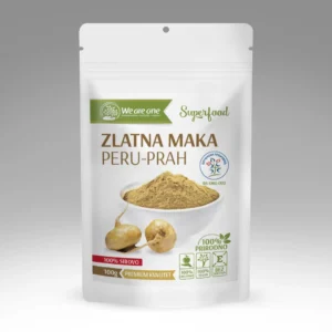 Zlatna maka prah u beloj kesici sa svetlim prahom u činiji i maka korenovima