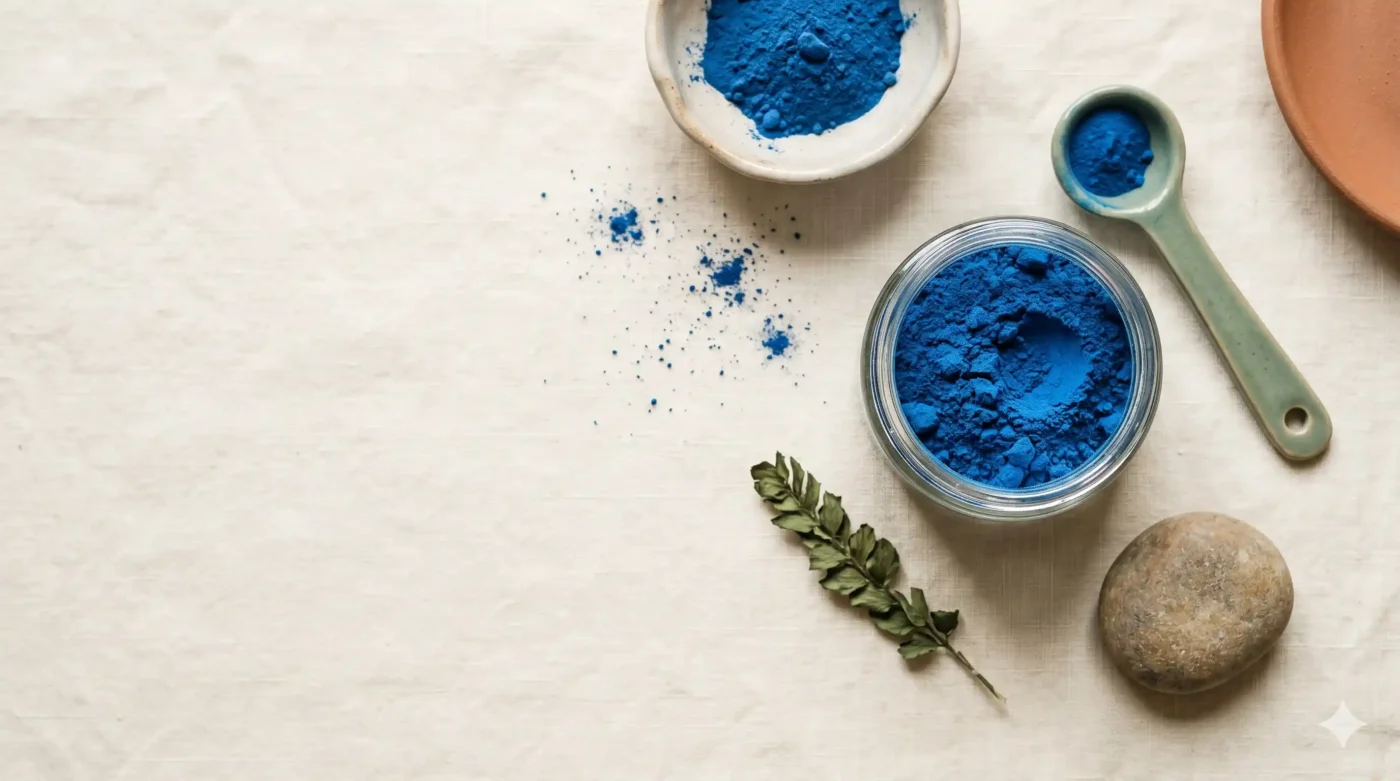 Plava spirulina u prahu u maloj staklenoj posudi sa mernom kašičicom na svetloj podlozi