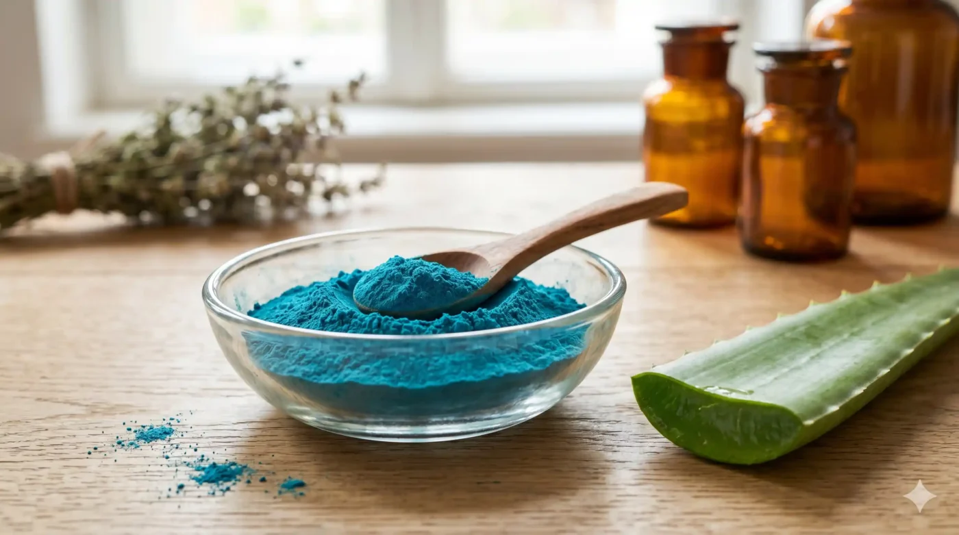 Tirkizno plavi prah spiruline u staklenoj činiji sa drvenom kašičicom i listom aloe vere na svetlom drvenom stolu
