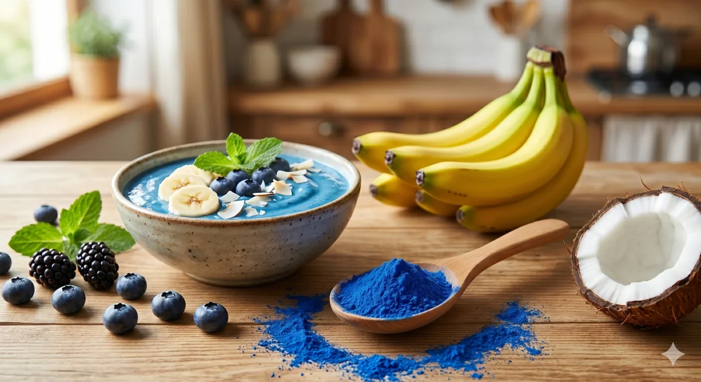 Plava spirulina u prahu u drvenoj kašičici pored plavo obojenog smoothija i svežeg voća na drvenom stolu
