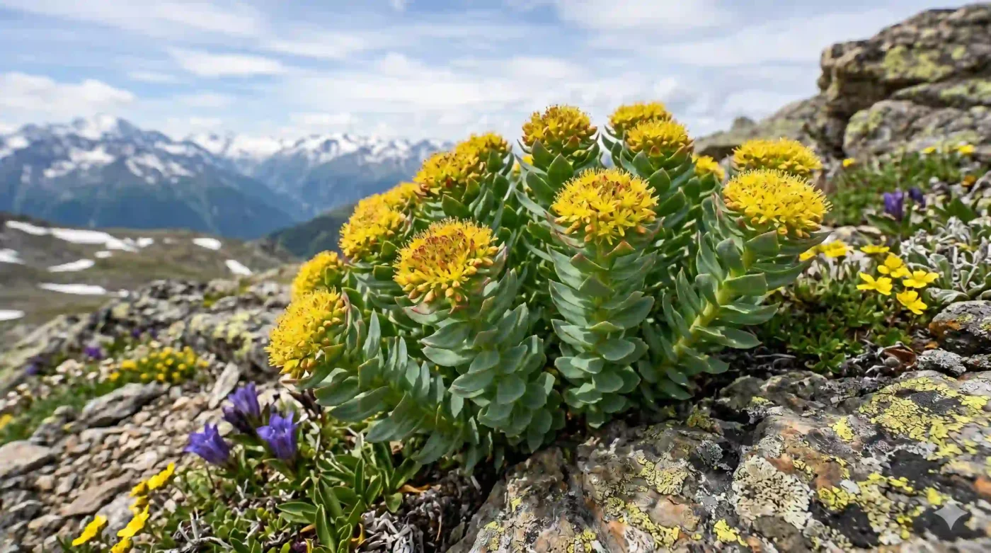 Rhodiola rosea koren i prah u drvenom mlinu sa planinskim cvećem u pozadini