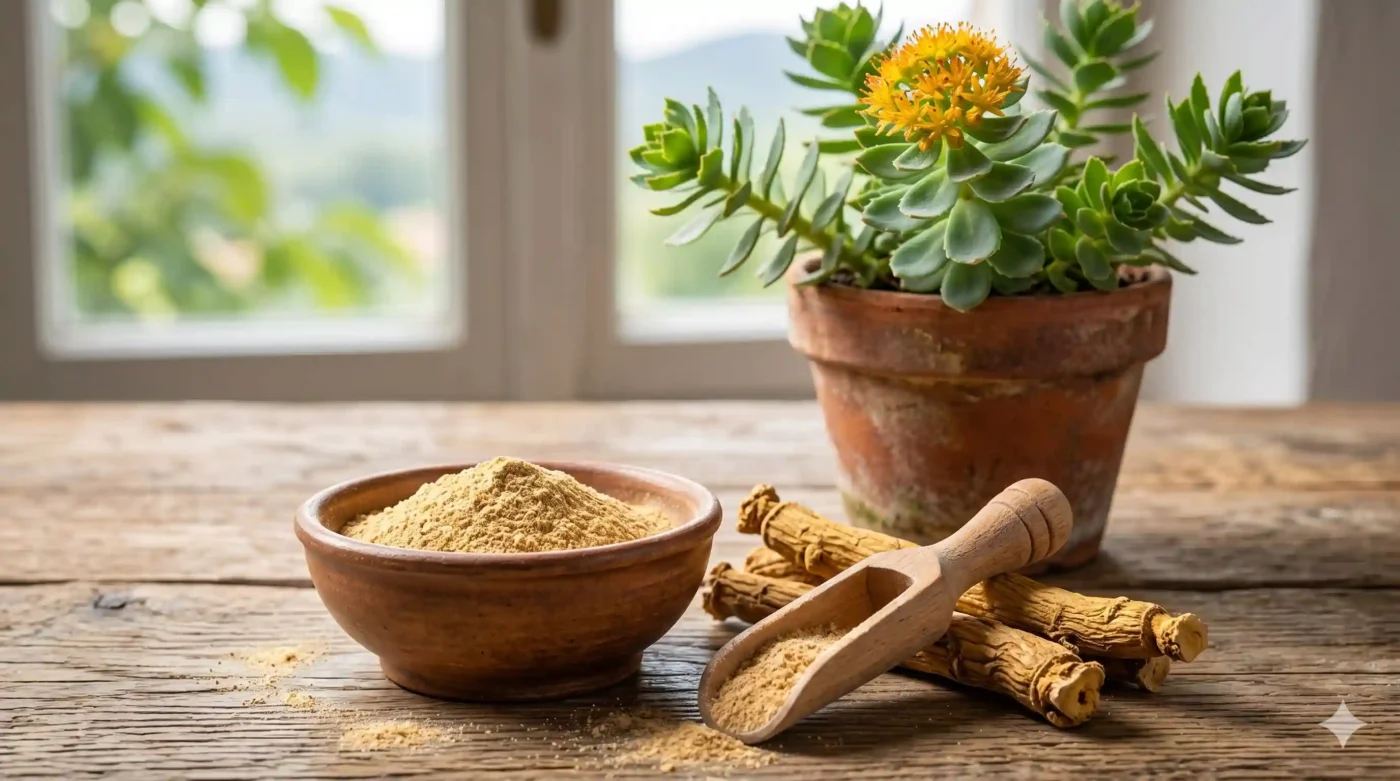 Rhodiola rosea koren i prah na drvenom stolu sa biljkom u pozadini