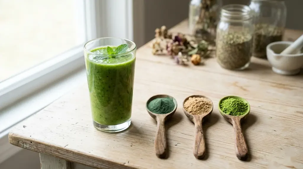 Zeleni smoothie sa superfood prahovima u providnoj čaši pored reda prahova u kašičicama na svetloj podlozi