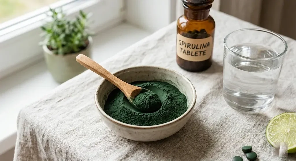 Tamno zelena spirulina u prahu sa drvenom kašičicom u staklenoj činiji, pored čaše vode