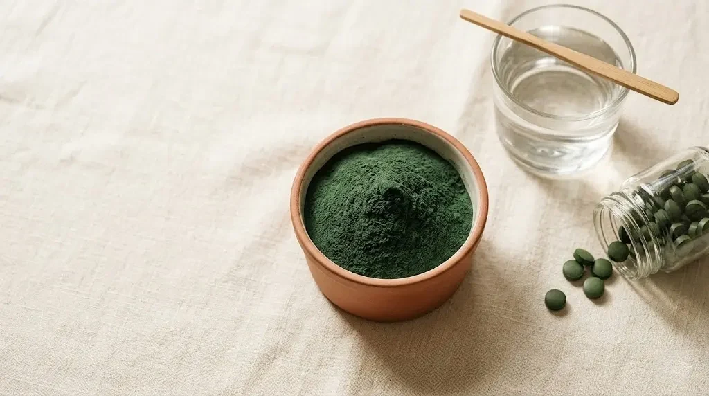 Tamnozeleni spirulina prah u drvenoj kašičici pored čaše vode i merne posude na svetlom stolu
