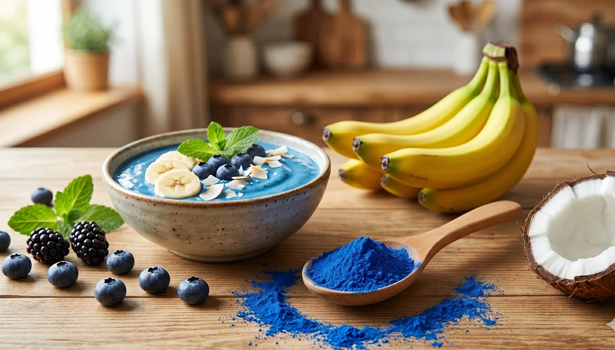 Plava spirulina smoothie bowl sa bananama, borovnicama i kokosovim pahuljicama na drvenom stolu, uz kašiku plavog spirulina praha i kokos