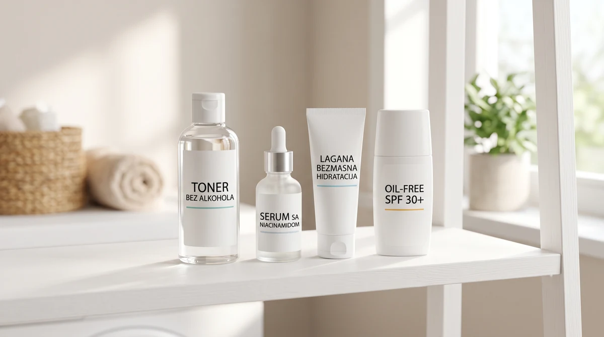 Uredna polica sa kozmetičkim proizvodima za masnu kožu, serum, toner i SPF krema na beloj podlozi