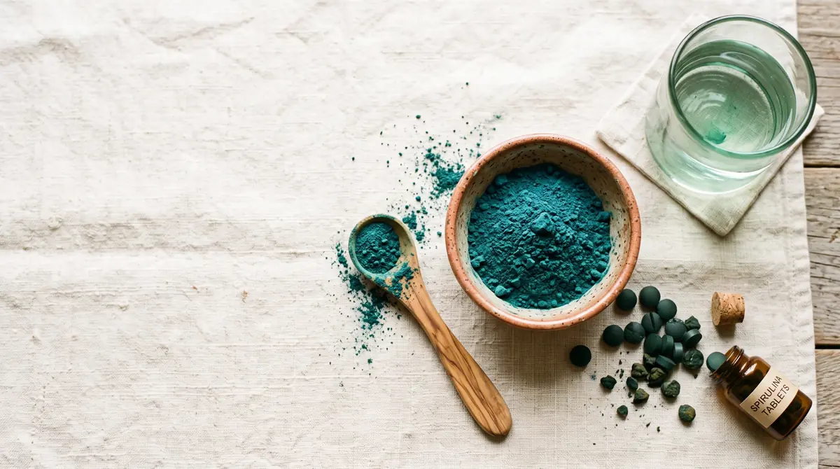 Zelena spirulina u prahu u drvenom tanjiriću sa kašičicom, plave-zelene nijanse vidljive iz bliza