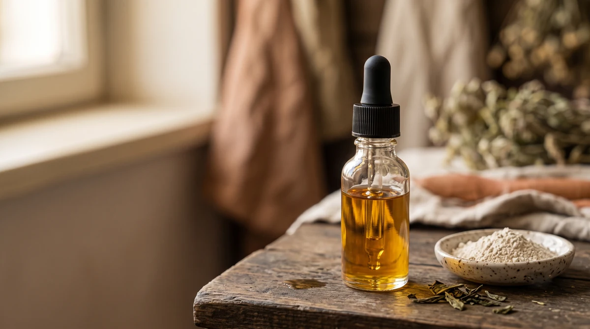 Prirodni sastojci za balansiranje kože - jojoba ulje, zeleni čaj i glina na drvenom stolu