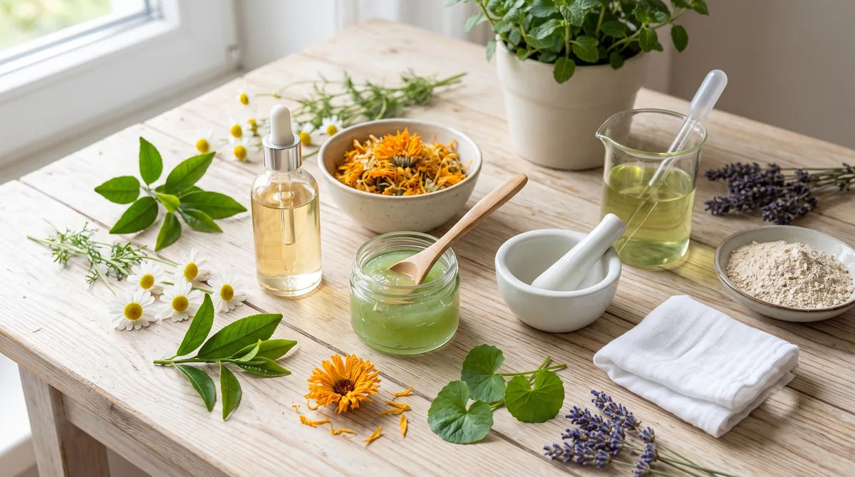Kamiličin hidrolat, neven i aloe vera gel na drvenom stolu uz belo lišće kamilice i zelenu biljku