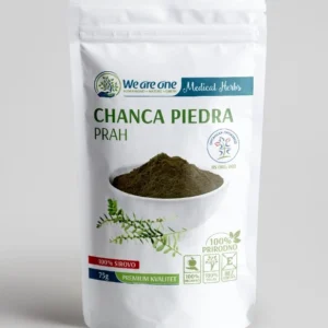 Chanca piedra prah u beloj kesici od 75g sa zelenim prahom u činiji i grančicom biljke