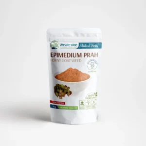 Epimedium prah u beloj kesici od 50g sa crvenkastosmeđim prahom u činiji i listovima biljke