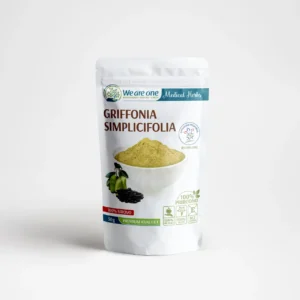 Griffonia simplicifolia prah u beloj kesici od 50g sa zelenim prahom u činiji i semenkama