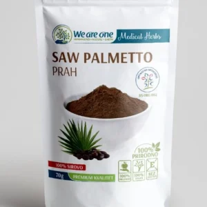 Saw palmetto prah u beloj kesici od 70g sa tamnosmeđim prahom u činiji i listom palme