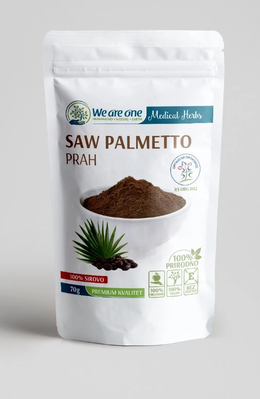 Saw palmetto prah u beloj kesici od 70g sa tamnosmeđim prahom u činiji i listom palme