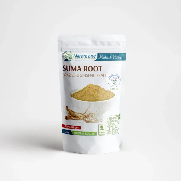 Suma root prah u beloj kesici od 75g sa svetlosmeđim prahom u činiji