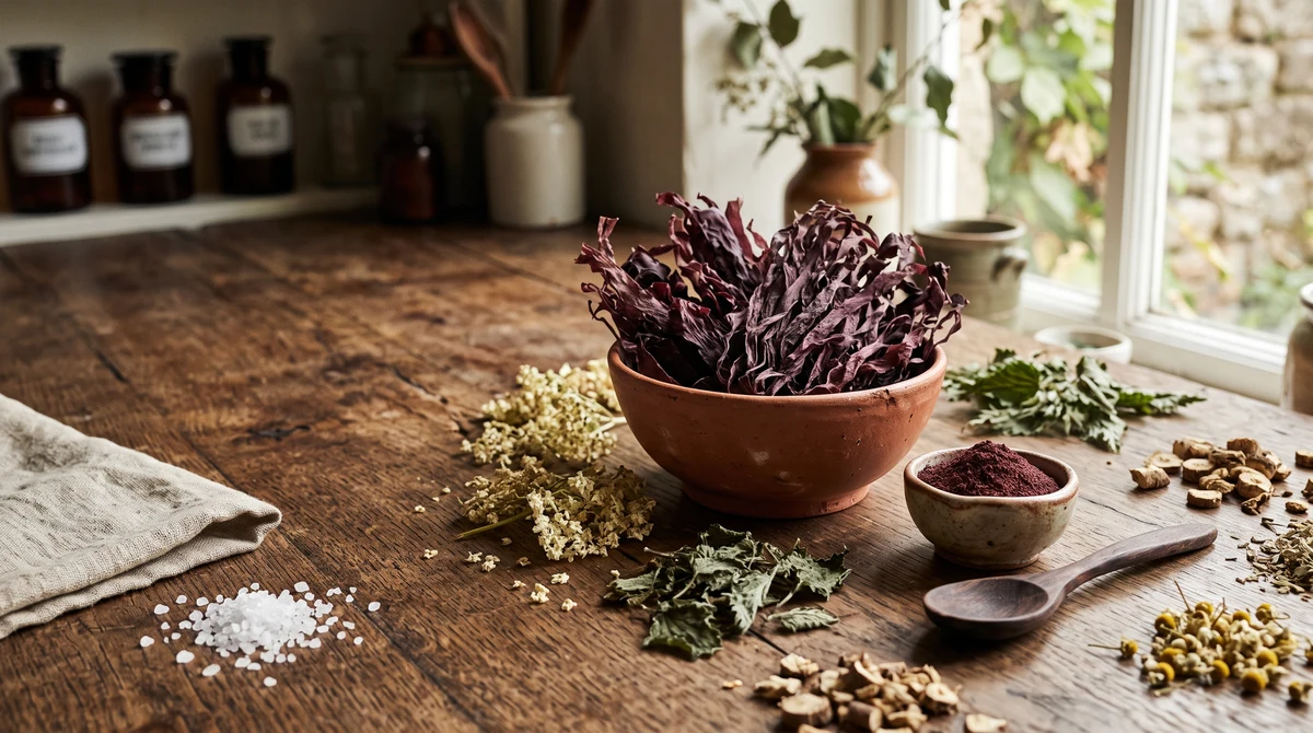 Sušena crvena dulse alga u zdelici sa prahom od dulse algi na drvenom stolu