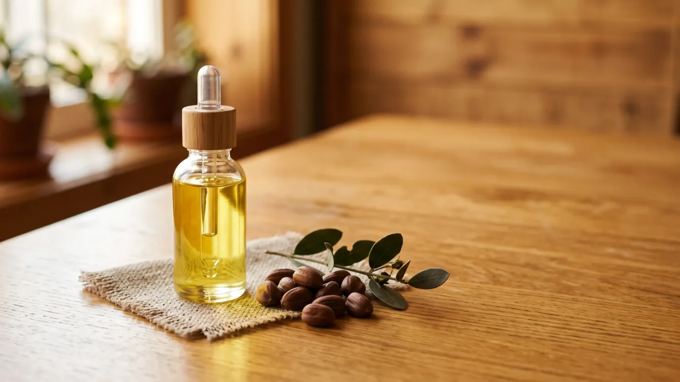 Bočica hladno presovanog jojoba ulja sa semenima jojoba biljke na drvenom stolu