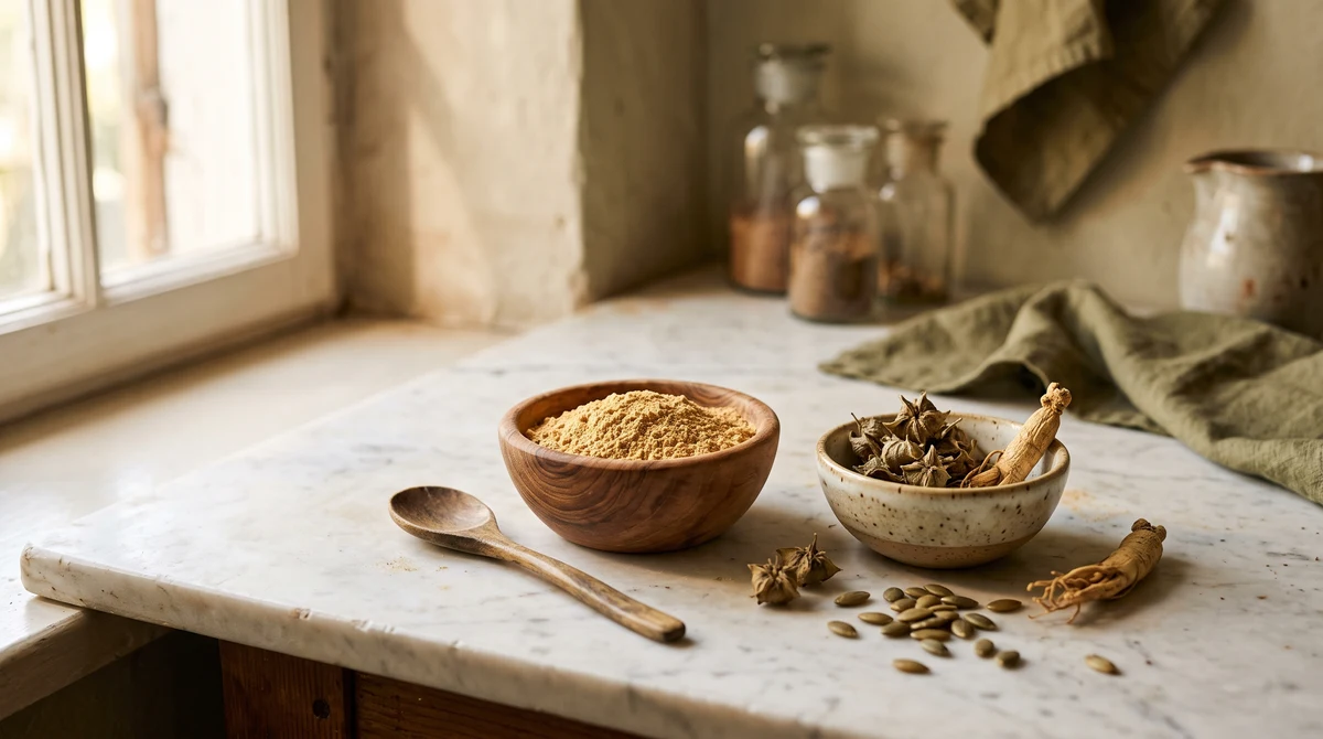 Prirodni suplementi za potenciju: maka prah, tribulus, ginseng i semenke bundeve raspoređeni na drvenom stolu