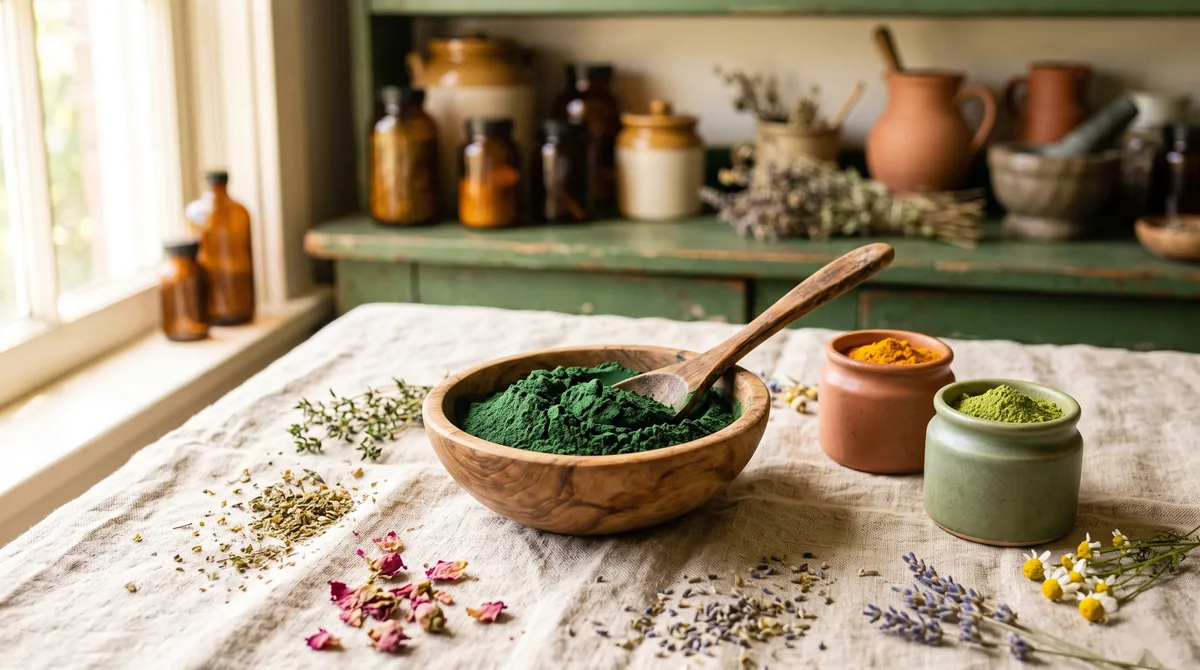 Pet zelenih prahova za detoks u drvenim kašičicama: spirulina, hlorela, moringa, kurkuma i matcha na beloj podlozi